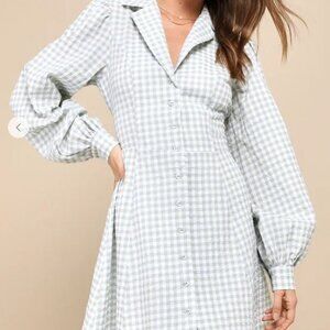 Lulus Charming Bliss Green Gingham Collared Backless Skater Mini Dress - Size XL